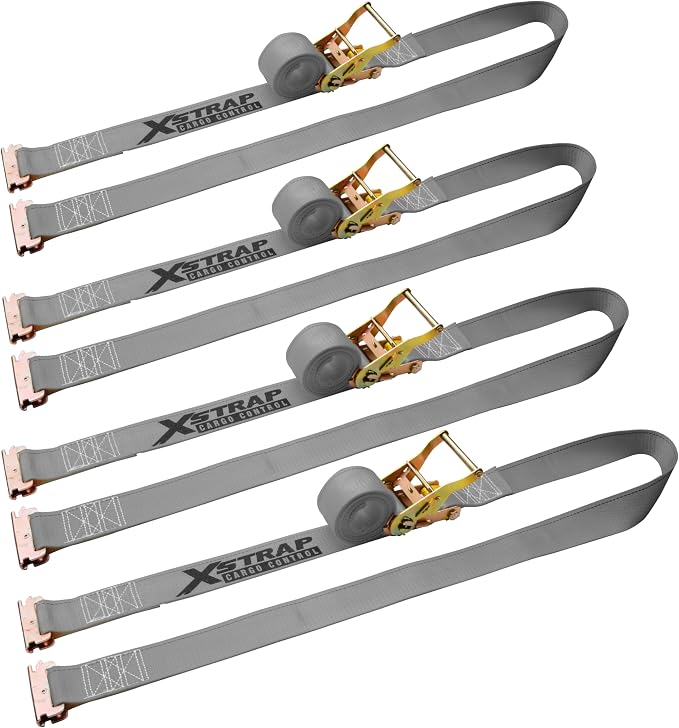 XSTRAP STANDARD E-Track Ratchet Straps, 4 Pack 2" x16' Heavy Duty Cargo Tie-Downs, 4400LBS Breaking Strength, Standard E Track Fitting Tie Down Ratcheting Strap for Cargo Vans, Trucks, Trailers (Grey)