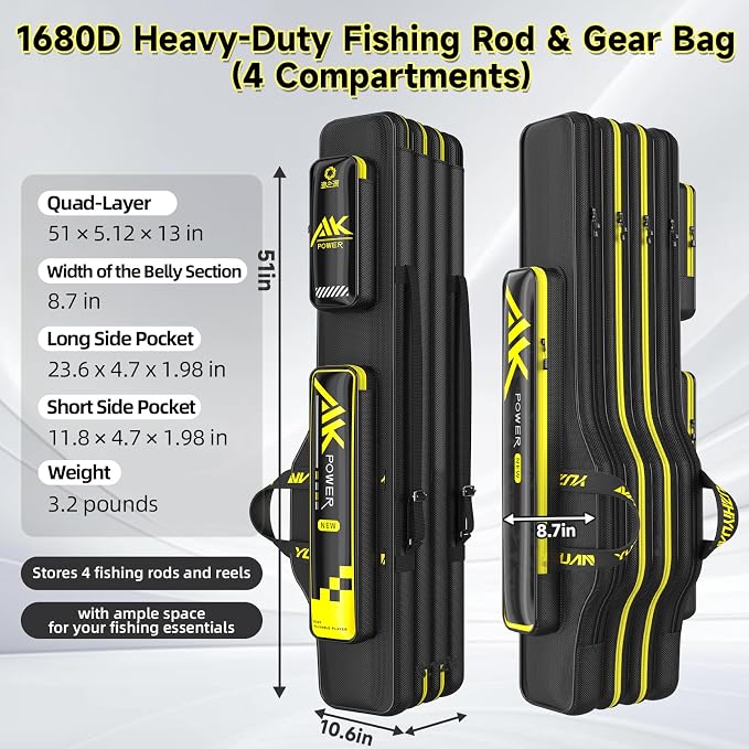 Fishing Rod Case & Bag Triple-Layer - 1680D Oxford, Wire-Reinforced Anti-Deforming, Foldable Portable, Quick-Access Compartments, Fishing Gift for Men Anglers