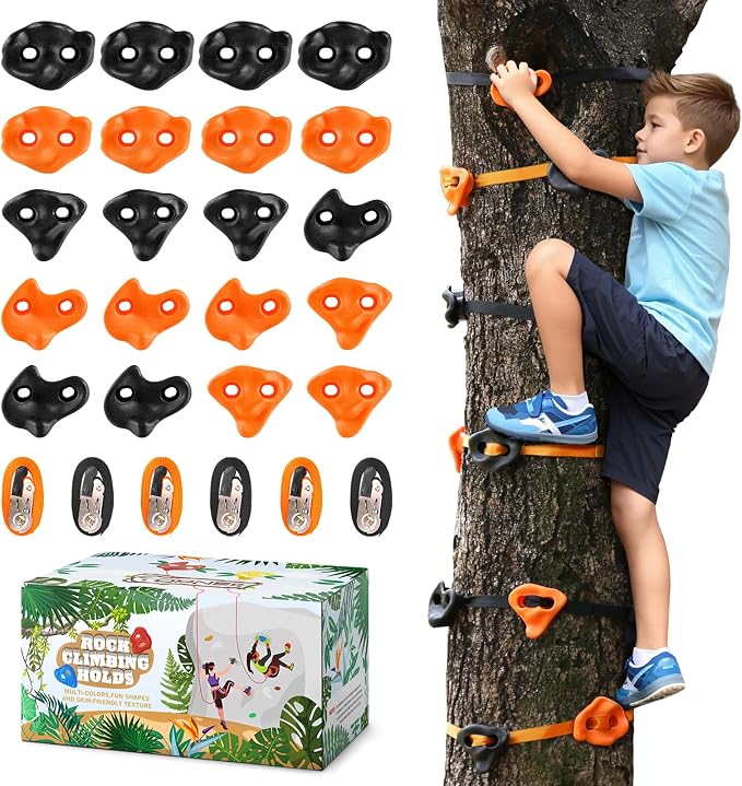 TOPNEW 20 Ninja Tree Climbing Holds for Kids Climber, Orange & Black Tree Climbing Kit with 6 Ratchet Straps for Outdoor Ninja Warrior Obstacle Course Training