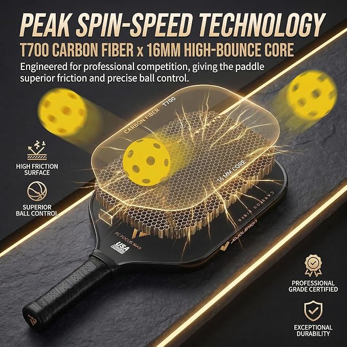 T700 Carbon Fiber Pickleball Paddle, Pickleball Set 16mm Pickle Ball Rackets with CMS Matte Surface Lightweight Honeycomb Core & Durable Edge Frame Larger Sweet Spot