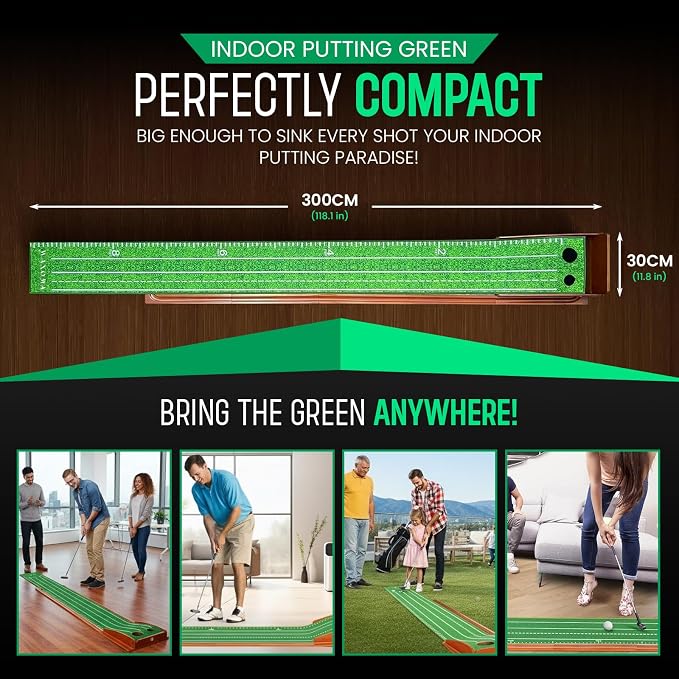 Premium Wood Golf Putting Green Indoor- 10-11 Stimp Speed True Roll Mat-Auto Ball Return, Dual Precision Holes, Alignment Mirror & 2 Balls-Professional Indoor Putting Trainer for Home & Office