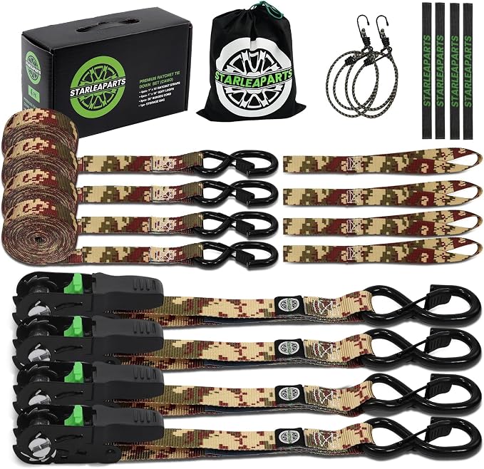 Motorcycle Tie Down Strap (4PK) - 2,100lb Break Strength Ratchet Tie Down Straps Set with 2 Bungee Cord, Soft Loop Ratchet Straps for Moving Appliances, Lawn Equipment, Cargo Straps for Trucks, Camo