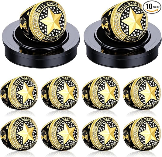 Highergo 10 Pcs Basketball Softball Baseball MVP Dancer Champion Trophy Ring with Display Stand Star Football Soccer Volleyball Golf Cheerleading Bowling Track Field
