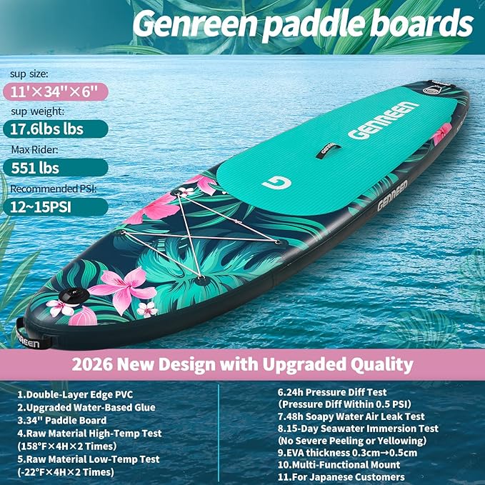 Paddle Board Stand up Paddle Board (Extra Large 11'*33/34") Newly Improved 2 Side Layers 450LBS Quality Inspection×5 (All-Season for JP customers) paddleboards Fishing Family Pet Friendly