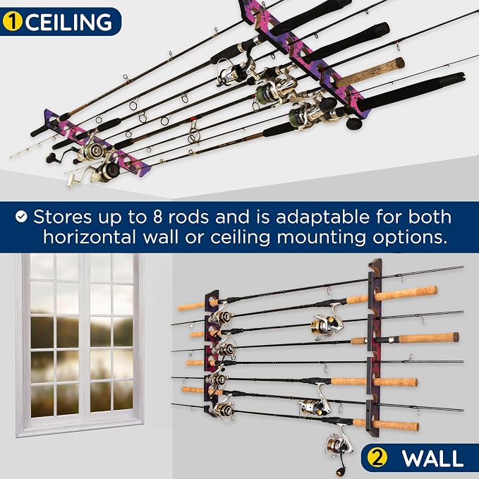 Rush Creek Creations Ceiling Rod Holder for 8 Fishing Poles - Garage Organization and Wall Storage for Reels, Gear, and Accessories - Horizontal Rack