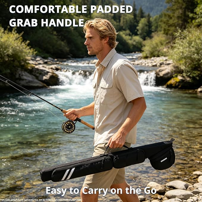 PEKREWS Fly Rod Case, 30.5 inch Fly Fishing Bag Fit 9' 4-Piece Fly Rod and Reel with Padded Reel Pouch, 2 Side Pockets, Portable Hard Travel Fishing Rod Case with Shoulder Strap, Pole Tube For Angler