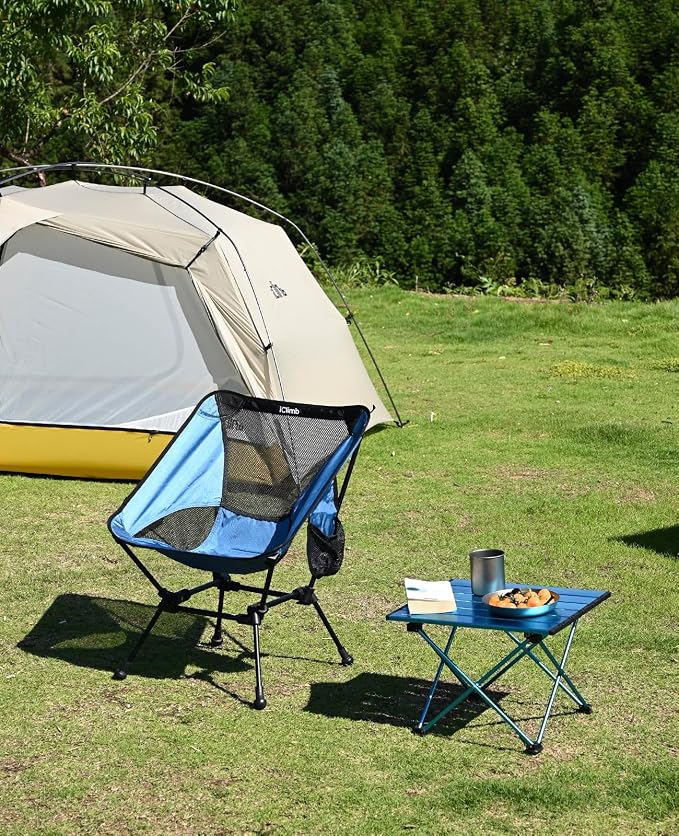 iClimb Ultralight Compact Camping Folding Beach Chair with Anti-Sinking Large Feet and Back Support Webbing (Blue - Square Frame)