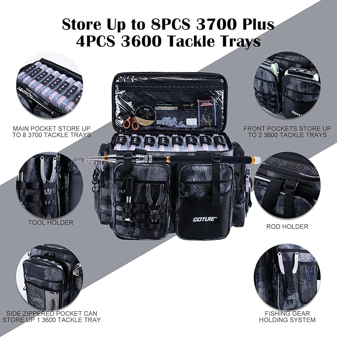 Goture Large Tackle Bag,Store Up to 8PCS 3700 Plus 4PCS 3600 Tackle Trays(Not Included),Water Resistant Saltwater Gear Storage Big Fishing Bag with EVA Bottom,Gifts for Men(21.65"x11.8"x15.16")