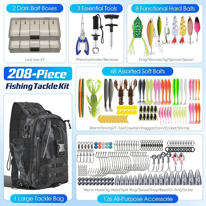 Fishing Tackle Backpack with 2 Tackle Boxes, 208PCS Complete Fishing Gear Kit for Beginners, Waterproof Fishing Bag Organizer with Fish Hook Remover, Lip Gripper, Pliers, Ideal Gift for Men