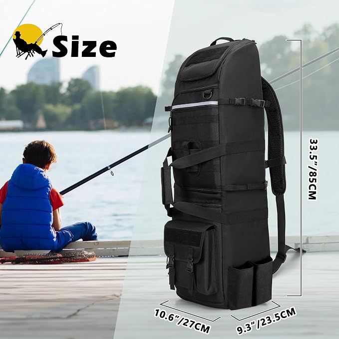 Rexmica Fishing Rod Bag Backpack Holds 8 Rods & Reels, Fishing Tackle Bag with Compartment for Tackle Boxes, Fishing Gear or Equipment, Fishing Pole Carrying Bag with Tactical Molle System