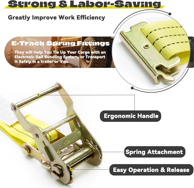 E Track Ratchet Straps Tie Down Strap (8-Pack), 2in×15ft Heavy Duty Tie Down Cargo Straps，4400 LBS Breaking Strength E Track Trailer Tire Straps for Tires Motorcycles Tailers Loads, Yellow.