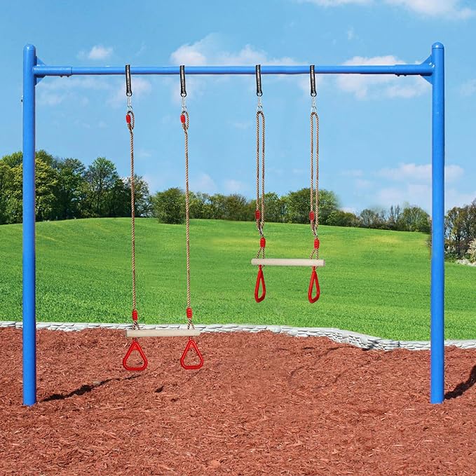 Trapeze Swing Bar with Rings, Wooden Trapeze Swing Bar with Plastic Gym Rings Adjustable Rope, Locking Straps, Outdoor Swing Set Playground Accessories for Kids (Red)