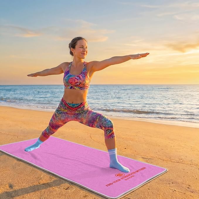 Upgraded Yoga Mat Towel with Bonus Grip Socks, Orchid Purple | Elegant Embroidered, 1-Second Sweat Absorption & Non-Slip | Machine Washable Microfiber | Hot Yoga, Pilates | 73''*27.6''