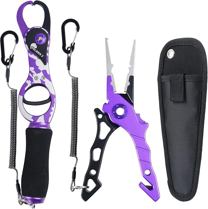 Golden J Fish Lip Gripper & Multi-Function Fishing Pliers Set - High-Strength Aluminum & Stainless Steel, Hook Remover, Split Ring Pliers, Line Cutter, Ideal for Ice, Surf, Lure Fishing