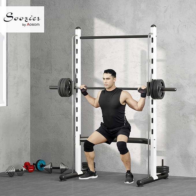 Soozier Squat Rack with Pull-Up Bar, Adjustable Power Rack with Barbell Bar, Multi-Functional Steel Bench Press Rack for Home Gym Strength Training, Black