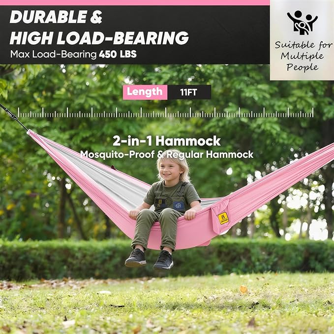 Kids Camping Hammock with Mosquito Net, 450 lbs Portable Hammock with Tree Straps, 2-in-1 Double/Single Travel Hammocks for Children, Hammock for Outside/Indoor/Backpacking/Beach - Pink & White