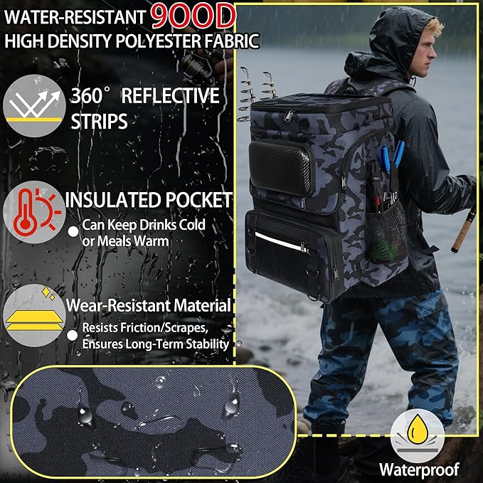 Fishing Backpack with Rod Holder X-Large 60L Tackle Gears Bag with Cooler for Storage Tackle Box and Fishing Accessories Stuff, Fish Gifts for Men Woman-Black Camo
