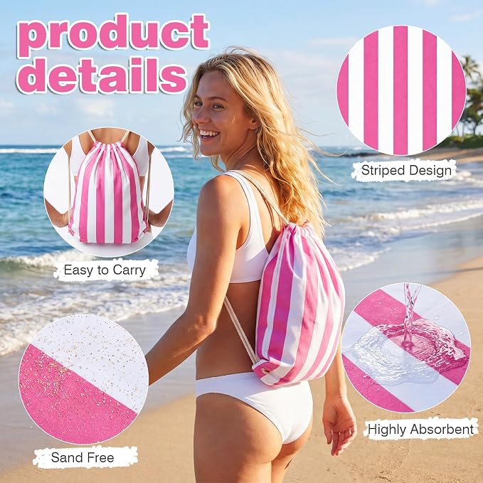 4 Pcs 2-in-1 Stripe Beach Towel Backpack, 31.5 x 63 Foldable Lightweight Microfiber Towel Bag Quick Dry Sand-Resistant Towels for Pool Camping Yoga Travel (Pink,Orange,Blue,Green)