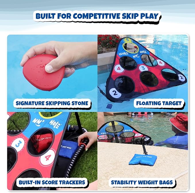 SKIP NN' HOLE Original Fun Stonne Skipping Meets Pool Cornhole Game Floating | for All Ages | Fun Swimming Pool Game for Adults and Family | Easy Setup, Durable, Portable Water and Lake Toy |