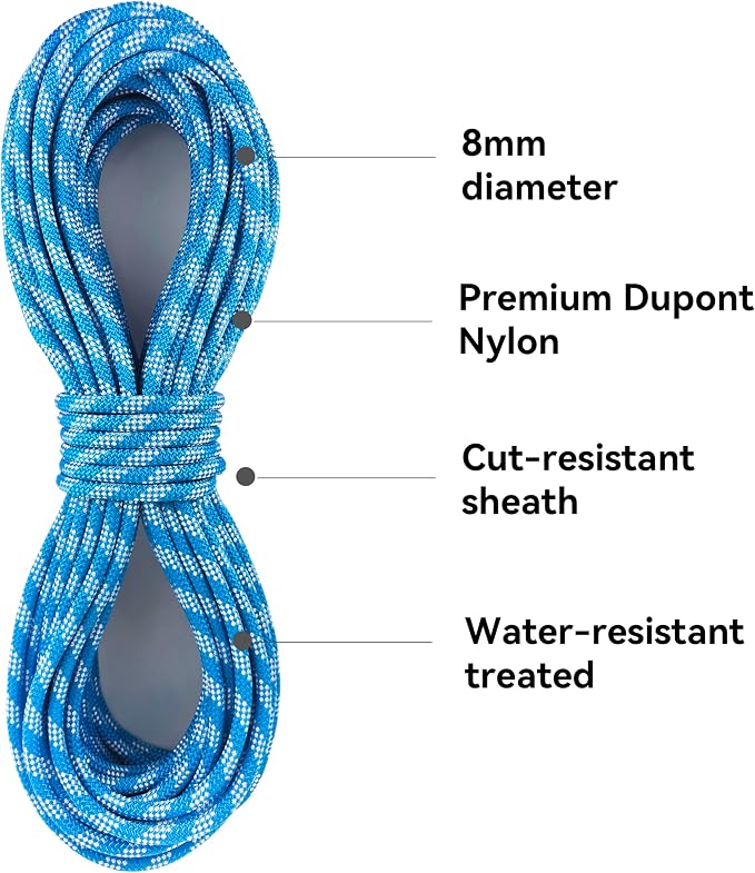 SEAMUS 8mm Prusik Accessory Cord 30M (100ft) UIAA Rock Climbing Rope 14Kn High Tensile Strength Rock Climbing Accessories Cord Double Braid Nylon Cord for Mountain Tree Climbing,Fire Rescue