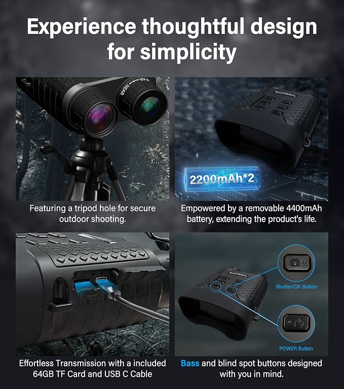 CoxiVision Night Vision Goggles, 4K Night Vision Binoculars for Adults, Upgraded 3.1" Large Screen & 4400mAh Rechargeable Battery, View in 100% Darkness with 7-Level Adjustment for Hunting, 64GB Card