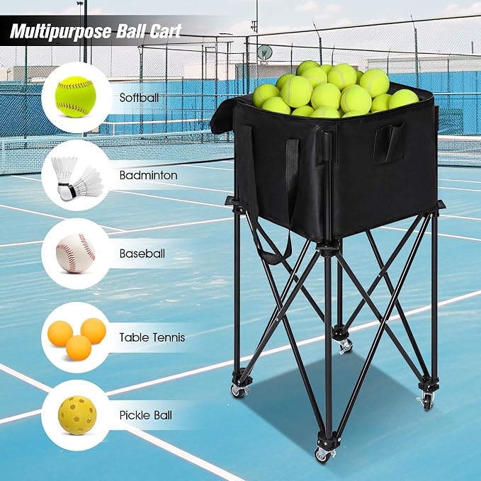 Portable Tennis Ball Hopper Holds 180 Balls, Tennis Ball Basket Cart with 4 Wheels & Brakes, Detachable Oxford Fabric Bag for Tennis and Pickleball Training, Black