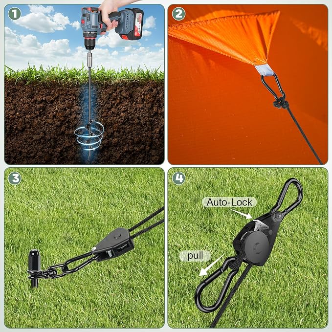 Tinnmao 6-Pack 17.7" Tent Stakes Heavy Duty, with 8" Ratchet Tie Down Straps (1/8" φ) Kit for High Wind, 8mm Solid Steel Spiral Ground Anchors Screw in for Tarp | Canopy | Sand Beach Camping Tent