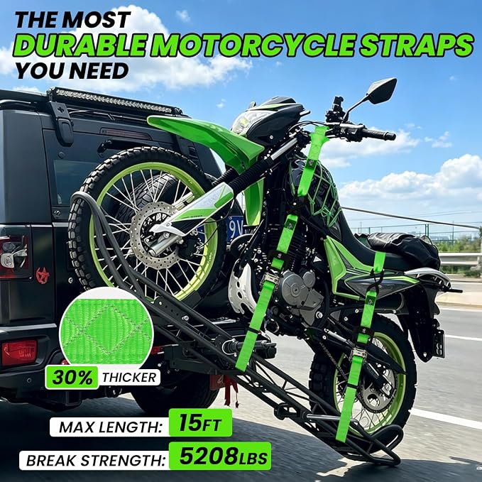 Ratchet Straps Heavy Duty 4 Pack -1.5 Inch x 15 Feet (5,208LB Break Strength)- Motorcycle Tie Down Straps -1.5xThickened Wear-Resistant Ratchet Tie Down Set for Powersports, Motorcycle or Moving Cargo