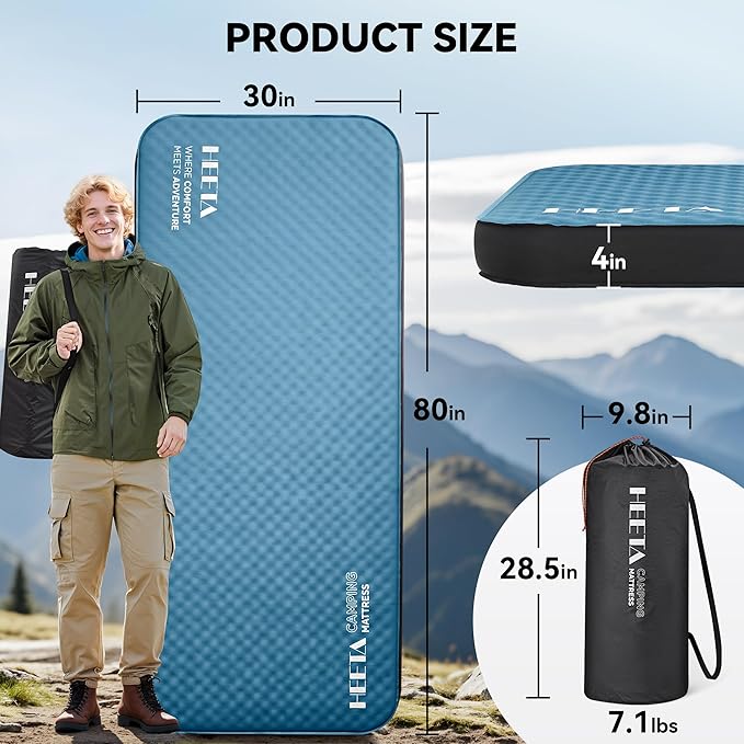 HEETA Fish Scale Up to 110lb/50kg, 2 AAA Batteries Included (Black) Bundled with Self Inflating Sleeping Pad with Electric Pump, 4" Ultra Thick Memory Foam Camping Mattress