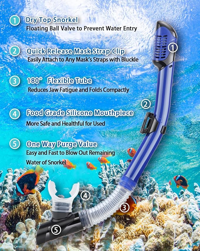 Snorkeling Gear for Adults, Adult Snorkel Set with Panoramic Anti-Leak and Anti-Fog Tempered Glass Snorkel Mask, Dry Top Snorkel, Snorkle Mask Set Adult with Mesh Bag Ear Plug for Snorkeling