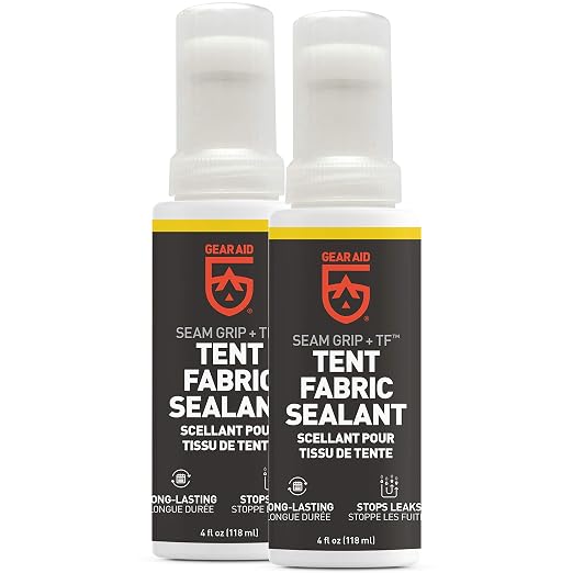 GEAR AID Seam Grip TF Tent Fabric Sealer for Waterproofing and Restoring Polyurethane Coating (PU) on Nylon Tent Floors, Rainflies and Tarps, Treats up to 85 sq. ft, Clear, 4 fl oz, 2 Pack