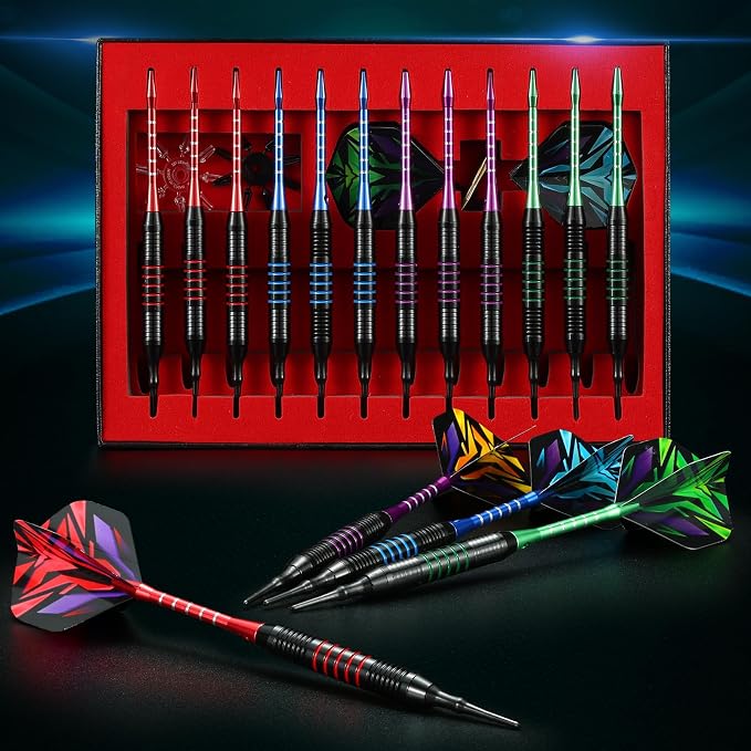 Soft Tip Darts Set with Gift Box Dart Case Professional Darts Plastic Tip with 100 Dart Tips 12 Shafts 24 Flights Tool Kit Flight Protectors for Electronic Dart Board