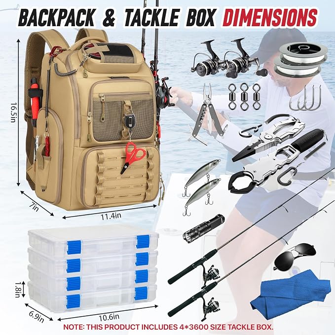 Fishing Tackle Backpack,Tackle Bag with 2 Rod Holders & 4 Tackle Boxes,Water-Resistant Large Storage Fishing Gear and Equipment, Fisher Gifts for Men, Khaki