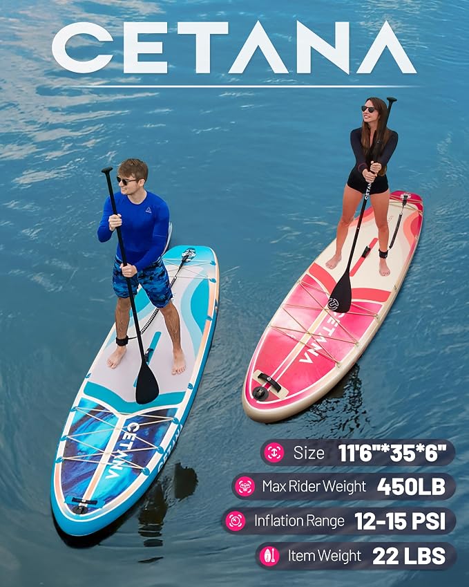 CETANA Extra Wide Inflatable Paddle Board 11'6 x 35" x 6", 450LB High Weight Capacity Wide Stable Stand Up Paddle Board for Beginners, 2–3 Person Large Paddleboard with 3 Fins, Dual Bungee, 15 D Rings