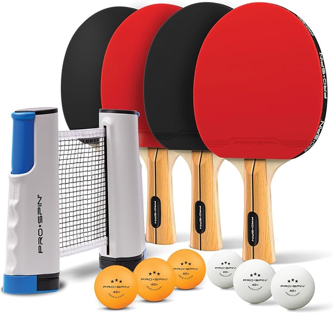 PRO-SPIN Portable Ping Pong Set with Retractable Ping Pong Net for Any Table, All-in-One Table Tennis Set with Ping Pong Paddles, Balls & Case, Table Top Family Game