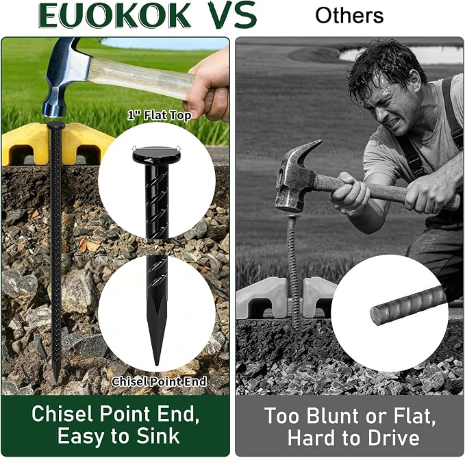 14 Inch Rebar Stakes 1/2" Heavy Duty Ground Anchors for Asphalt (10 Pack) | Metal Spikes with 45° Chisel Point & Black Powder Coating for Speed Bumps, Parking Curbs, Landscape Timbers and Camping Tent