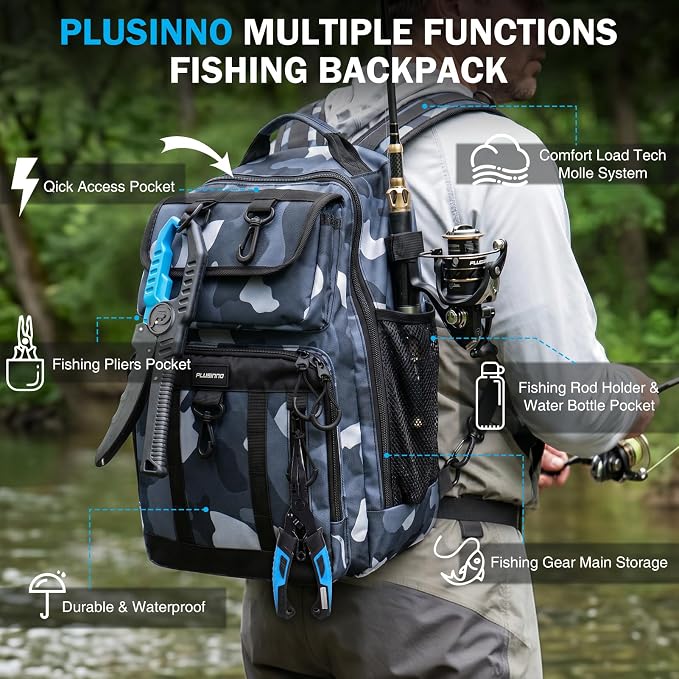 PLUSINNO Fishing Backpack with Fishing Gear, Tackle Box, Fish Accessories & Tools, Waterproof Sling Tackle Bag with Rod Holders, Lures for Freshwater/Saltwater, Fishing Gifts for Men