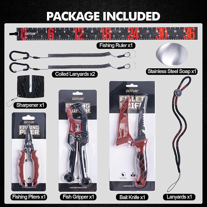 Goture Fishing Tool Kit,Fishing Pliers,Fillet Knife with Sheath,Fish Lip Gripper,Fish Hook Remover,Lanyard,Line Scissors,Sharpener,Stainless Steel Soap,Saltwater Gear Kit,Red/Pink,Gifts for Men/Women