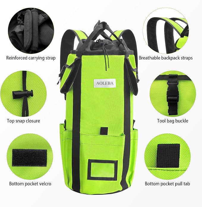 AOLEBA Arborist Rope Storage Bag Tree Climbing Rock Rope Bucket Backpack Rope Storage Bag Large Capacity 1680D Thicken Nylon Material with Hand Straps, Side Pockets
