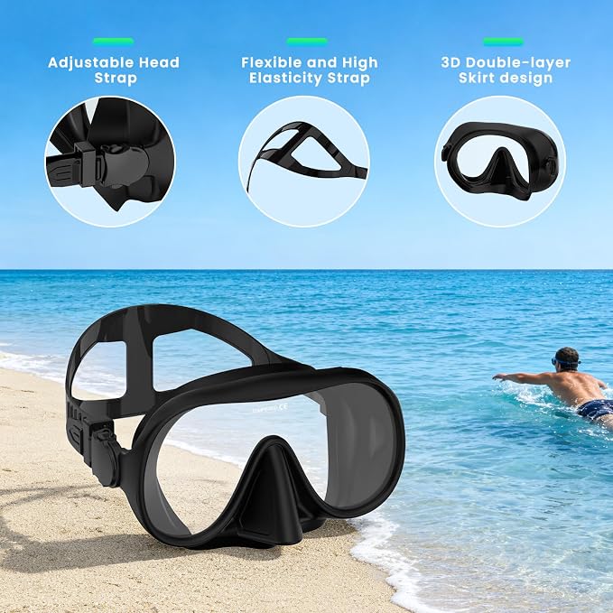 Snorkeling Gear for Adults, Snorkel Set Adult, Scuba Diving Mask, Panoramic View Anti-Leak Anti-Fog Dive Swimming Goggles Tempered Glass Panoramic Wide View Travel Portable Foldable