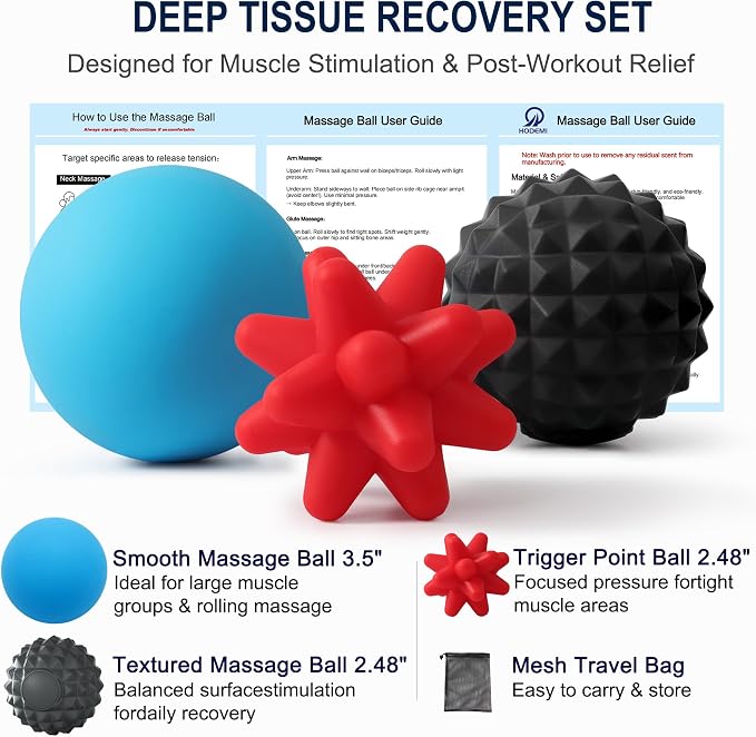 HODEMI 3.5" Massage Ball Set for Self-Massage, Textured Lacrosse Balls for Deep Tissue Muscle Relaxation, Trigger Point & Muscle Recovery, Myofascial Release Support for Back, Shoulder & Foot
