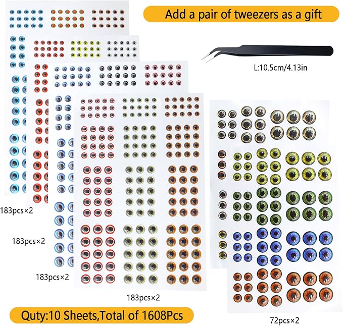 3D 4D 5D Fishing Lure Eyes Assortment with 1 Piece Tweezer for Making Fish Bait Fly Tying Streamers Crafts DIY Accessory (6 Sizes: 3 mm/ 4 mm/ 5 mm/ 6 mm/ 8 mm/ 10 mm)