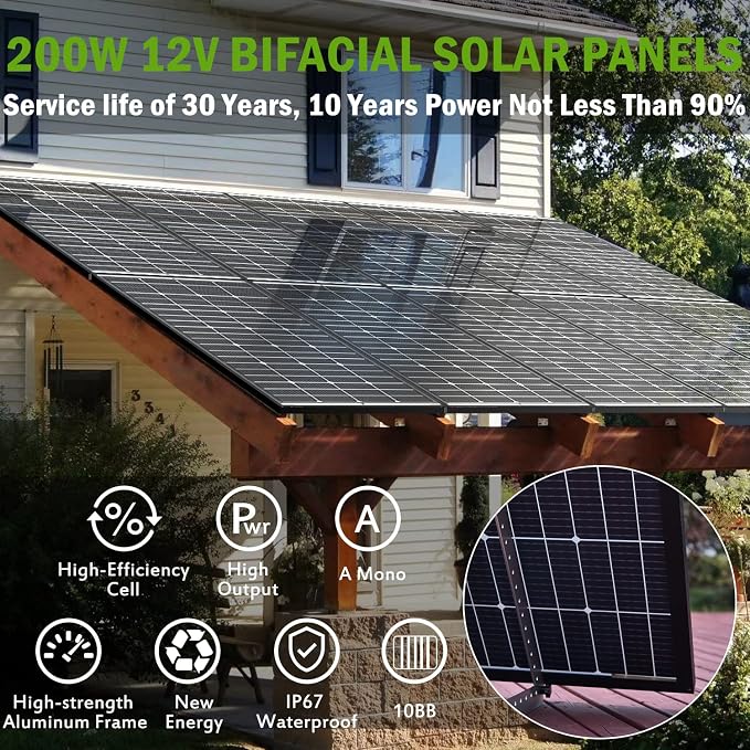 JJN Bifacial 400 Watt Solar Panels 12V 10BB Monocrystalline Solar Panel High Efficiency Solar Module for RV Home Farm Trailer Camper Marine Off Grid System(2 PCS 200 Watt)