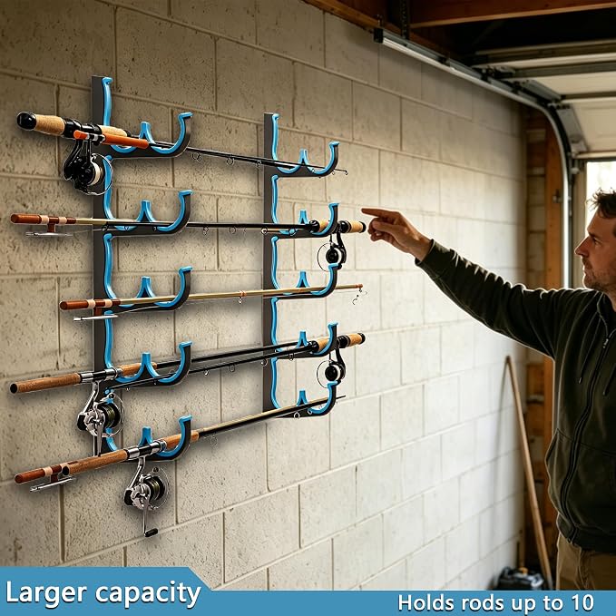 Fishing Rod Holders & Pole Holders for Garage, Wall Mounted Metal Fishing Rod Storage Organizer Rack Holds Up to 6/10/12/20 Rods or Combos, Suitable for Catfish Fishing Gear