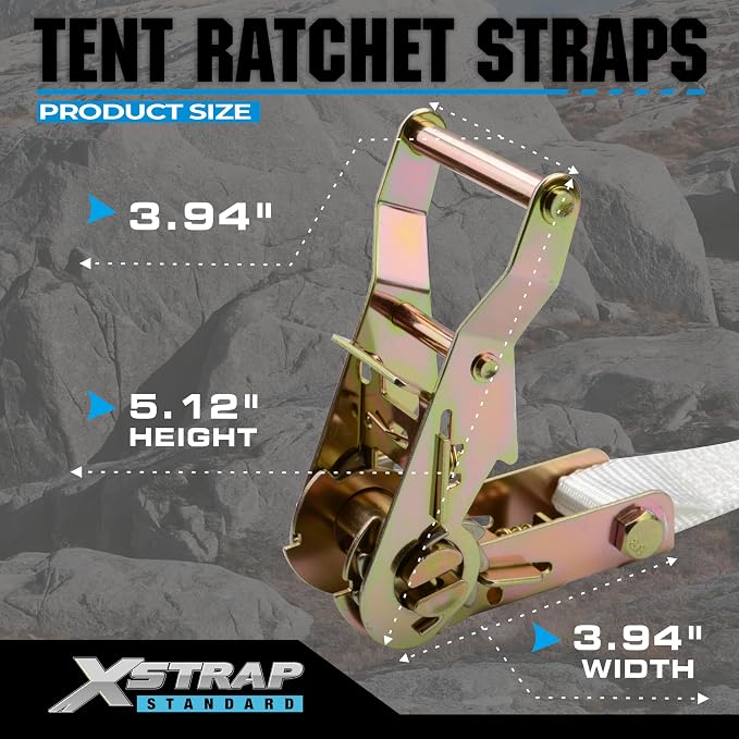 XSTRAP Standard 4PK 1" Ratchet Tent Straps with Loop End - Heavy Duty 2500lbs Breaking Strength, Secure Tents & Canopies for Camping/Events, 12ft Tie Down Straps, Durable Polyester Webbing