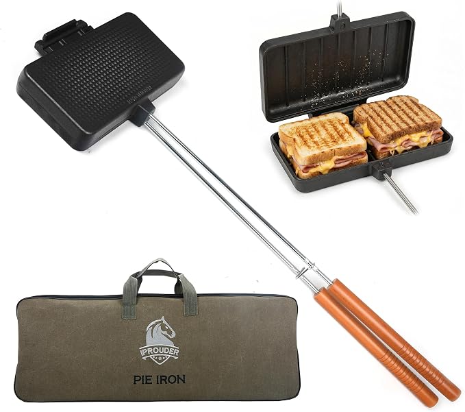 Campfire Pie Iron 8.6" Large Cast Iron Sandwich Maker for Camping with Storage Bag - 21.7 inch Adjustable Handles - Campfire Cooking Equipment for Grilling & Outdoor Cooking