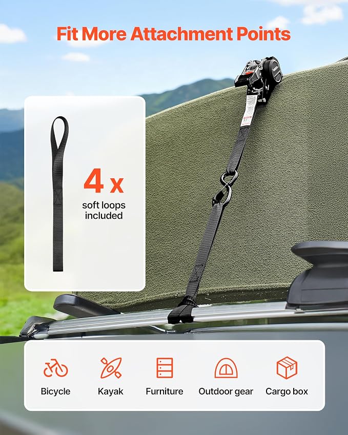 VEVOR Retractable Ratchet Straps, 1 in x 6 ft, Tie Down Straps with S Hooks, 1200 lbs Break Strength, 4 Soft Loops, Tie Down Ratcheting for Moving, Trailers, Motorcycles, Kayaks, Car Roof, 4 Pack