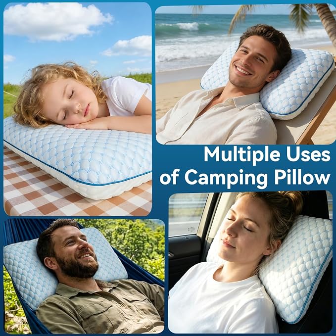 Camping Pillow with Memory Foam-Compressible Medium Firm, Ultralight Cooling Travel Pillow, Outdoor Pillows Ideal for Backpacking, Hiking, Camping, Airplane,Car, Small Beach Pillow with Washable Cover