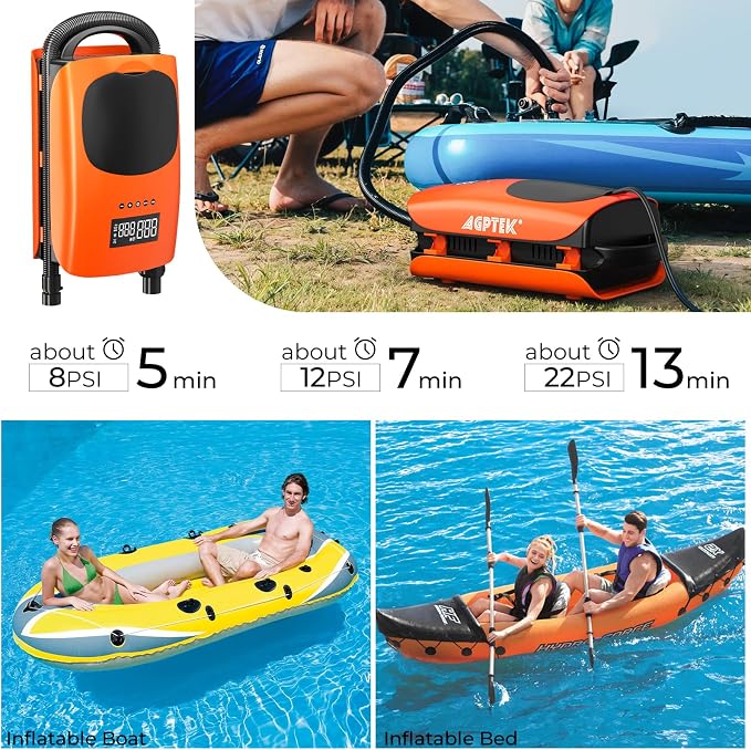 AGPTEK 22PSI High Pressure Paddle Board Pump Electric SUP Air Pump Portable Paddle Board Pump,Inflation and Deflation Function Auto-Off &12V DC Car Connector Dual Stage for Paddle Board,Boats,Inflator
