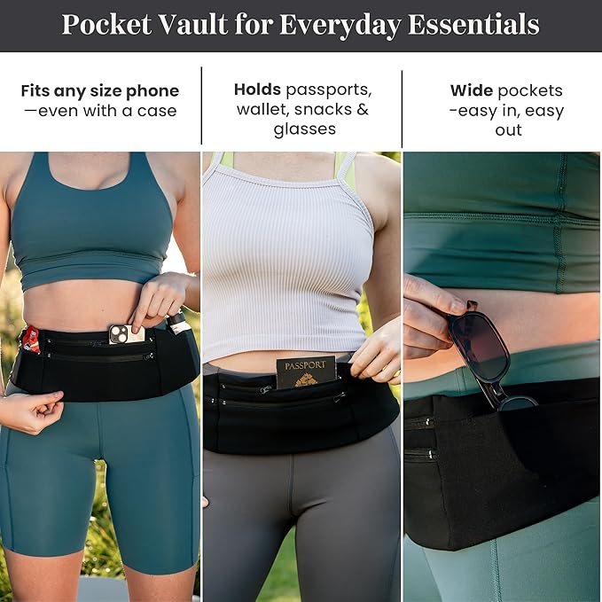 StashBandz Adjustable Running Belt and Travel Money Belt - 3 Large Zippered Pockets + Water Bottle Holder, No-Bounce Fanny Pack with Key Clip, Fits Any Size Phone, Passport & More, Black, Large
